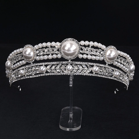 Lussuosa Tiara da Sposa in Argento Con Perle Artificiali e Strass Corona in Stile Palazzo Vintage Accessori per Capelli per Matrimonio Banchetto Festa Donna