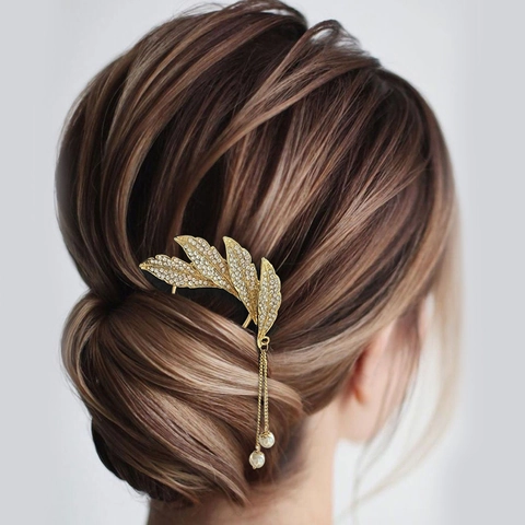 Palillo para el Cabello en Forma de U de Hoja de Aleación Vintage Con Borla de Perla Artificial Horquilla Elegante de Strass