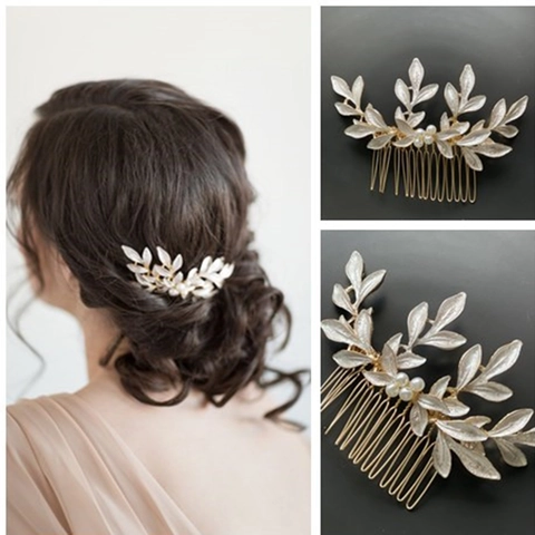 Peine de Pelo de Novia de Aleación Dorada con Hoja y Perla Artificial Tocado de Boda Elegante Accesorios para el Cabello Mujer