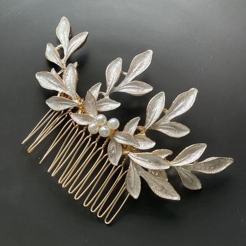 Peine de Pelo de Novia de Aleación Dorada con Hoja y Perla Artificial Tocado de Boda Elegante Accesorios para el Cabello Mujer