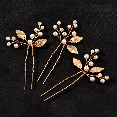 Set di Forcine per Capelli a Forma di U in Lega d'Oro con Foglie Perle Artificiali Strass Gioielli da Sposa per Donna