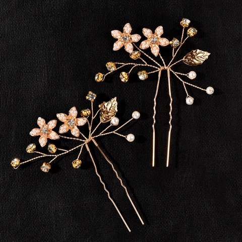 Forcina per Capelli a Forma di U con Fiori e Foglie d'Oro in Lega per Sposa Eleganti Accessori per Capelli con Strass e Perle Artificiali