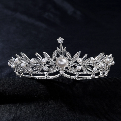 Lussuosa Tiara da Sposa in Lega d'Argento con Strass e Perle Artificiali Corona a Foglia Fiore per Matrimonio Donna