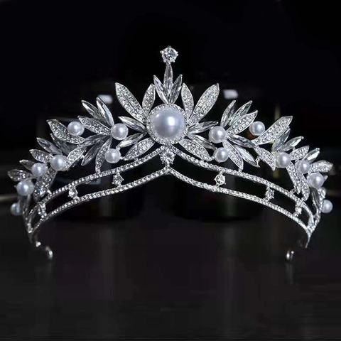 Lussuosa Tiara da Sposa in Lega d'Argento con Strass e Perle Artificiali Corona a Foglia Fiore per Matrimonio Donna