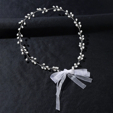 Fatto a Mano Vite per Capelli Sposa Perla Fascia Elegante Filo di Lega d'Argento Perla Artificiale Accessorio per Capelli Con Fiocco in Organza per Matrimonio Festa Donna