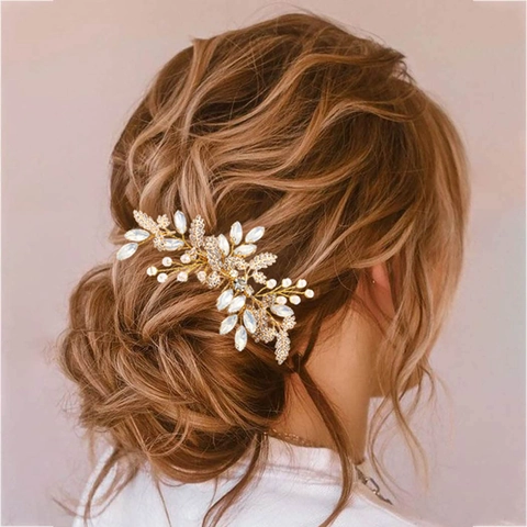 Elegante Peine de Pelo de Novia de Aleación de Hoja Con Diamantes de Imitación Perlas Artificiales Artificiales Tocado de Boda Hecho a Mano Mujer