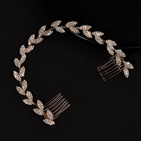 Luxuriöse Legierung Strass Blatt Braut Haarrebe Hochzeit Kopfschmuck Doppelter Haarkamm Bohemian Stil Damen Party Schmuck