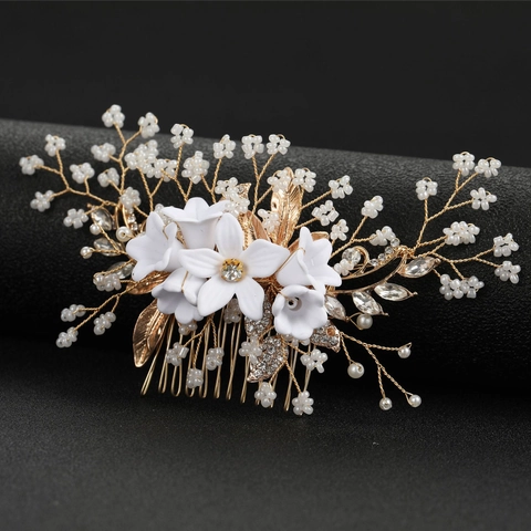 Pettine per Capelli da Sposa Fatto a Mano Fiori Bianchi Resina Künstliche Perle Strass Accessori per Capelli per Matrimonio Donna