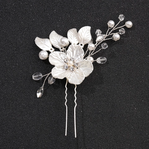 Bastoncino per Capelli in Lega con Perle Artificiali e Fiori Design Elegante a Foglia Forcina per Sposa Matrimonio con Strass a Forma di U per Donna
