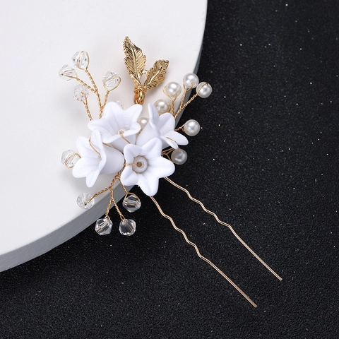 Forcina per Capelli a Forma di U con Fiori Bianchi e Foglie d'Oro Lega Perle Artificiali Strass Matrimonio per Donna