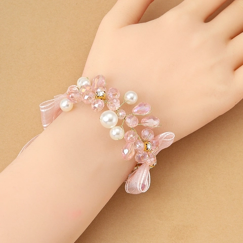 Pink Crystal Pearl Flower Wrist Corsage Bracelet For Bride Bridesmaid Wedding Party Jewelry Romantic Handmade Ribbon Wristband