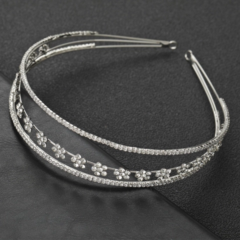Korean Style Bridal Wedding Hairband Double Layer Flower Rhinestone Headband Silver Alloy Hair Accessories For Women Party Jewelry