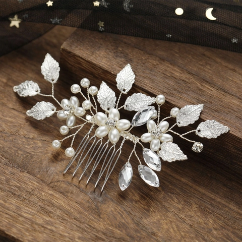 Elegante Pettine Per Capelli Fatto A Mano In Lega Con Foglie Di Metallo Strass E Künstliche Perle Sintetiche Oro Argento Sposa Donna