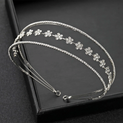 Korean Style Bridal Wedding Hairband Double Layer Flower Rhinestone Headband Silver Alloy Hair Accessories For Women Party Jewelry