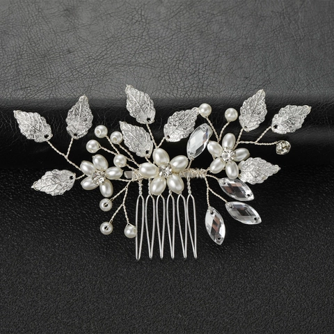 Elegante Pettine Per Capelli Fatto A Mano In Lega Con Foglie Di Metallo Strass E Künstliche Perle Sintetiche Oro Argento Sposa Donna