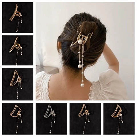 Pinza per Capelli in Argento con Nappine di Perle Artificiali Farfalla Geometrica Fermaglio Elegante Accessori per Donna