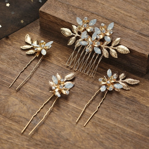 Accessori per Capelli da Sposa in Lega d'Oro Foglia Strass Pettine E Forcine per Matrimonio Festa Donna Lusso Decorazione