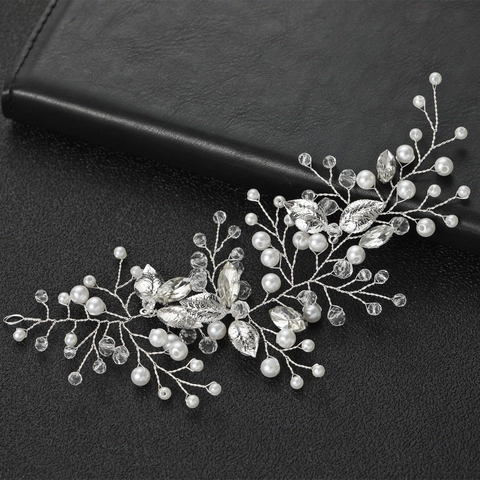 Enredadera de Pelo Hecha a Mano para Boda Hoja de Plata Oro Perla Artificial Cristal Diadema de Novia Elegante Accesorios para el Cabello