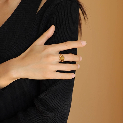Vintage Maillard Stil Tigerauge Ring Für Damen Kupfer Vergoldet Lavatextur Offen Verstellbar Eleganter Fingerschmuck
