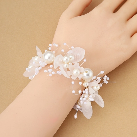Corsage de Muñeca con Flor de Perlas Artificiales de Estilo Coreano para Damas de Honor Boda Fiesta Accesorios de Vestido de Noche Elegante Pulsera de Cinta Floral