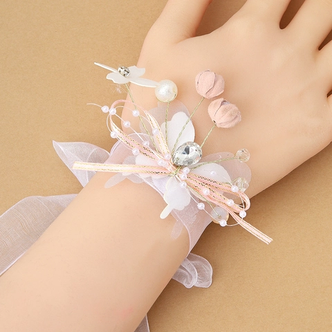 Handmade Bridal Bridesmaid Wrist Flower Corsage Faux Artificial Pearl Rhinestone Organza Ribbon Floral Wristlet Wedding Party Women Accessory