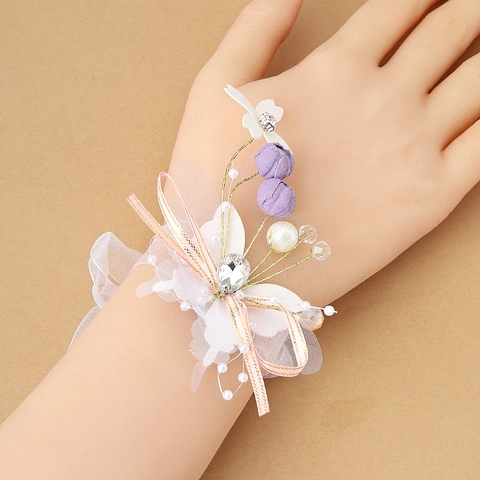 Handmade Bridal Bridesmaid Wrist Flower Corsage Faux Artificial Pearl Rhinestone Organza Ribbon Floral Wristlet Wedding Party Women Accessory