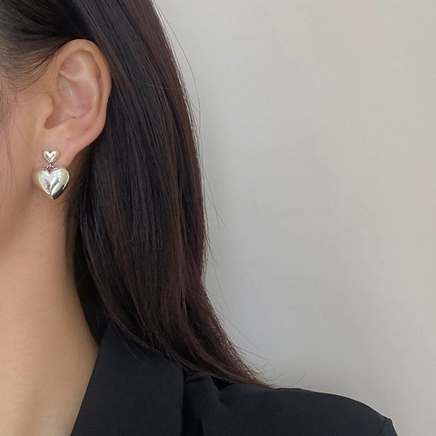 Pendientes de Botón de Corazón Estilo Coreano Para Mujer Cobre Galvanizado Tono Plateado Poste de Plata de Ley 925 Joyería Chic
