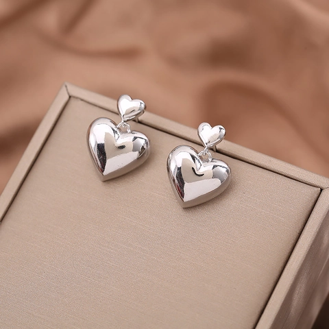 Pendientes de Botón de Corazón Estilo Coreano Para Mujer Cobre Galvanizado Tono Plateado Poste de Plata de Ley 925 Joyería Chic
