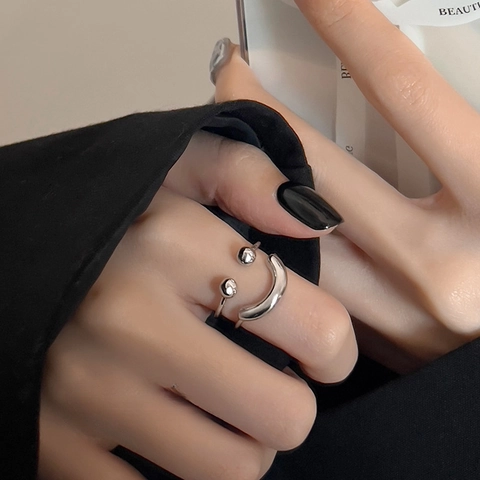 Anello Aperto in Rame Minimalista con Faccina Sorridente per Donna Placcato Argento Anello da Dito Geometrico Regolabile Gioielli di Moda