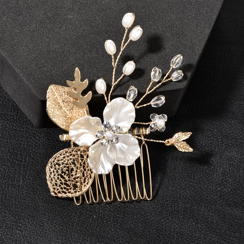 Pettine per Capelli in Lega con Foglie Sposa Fiore Bianco Strass Perla Artificiale Copricapo da Sposa Accessorio per Capelli
