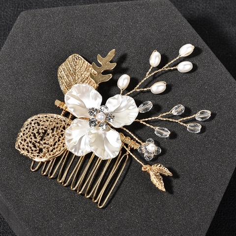 Pettine per Capelli in Lega con Foglie Sposa Fiore Bianco Strass Perla Artificiale Copricapo da Sposa Accessorio per Capelli