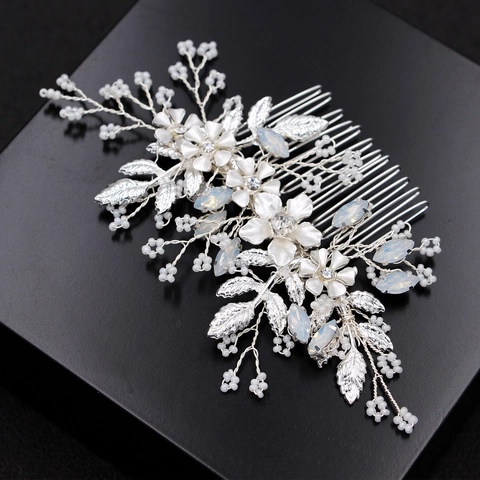 Pettine per Capelli Sposa Floreale Argento Fatto a Mano Con Strass e Perle Artificiali Accessori Matrimonio Donna