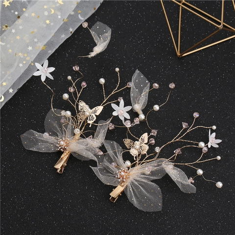 Koreanischer Stil Braut Blumen Haarspangen Künstliche Perlen Strass Netz Schmetterling Wald Süß Hochzeit Party Haarschmuck