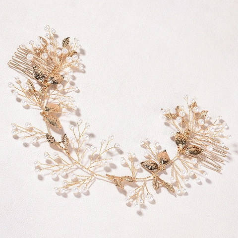 Pettine per Capelli da Sposa in Foglia d'Oro Barocca Francese con Perle Artificiali Copricapo da Matrimonio Fatto a Mano Donna