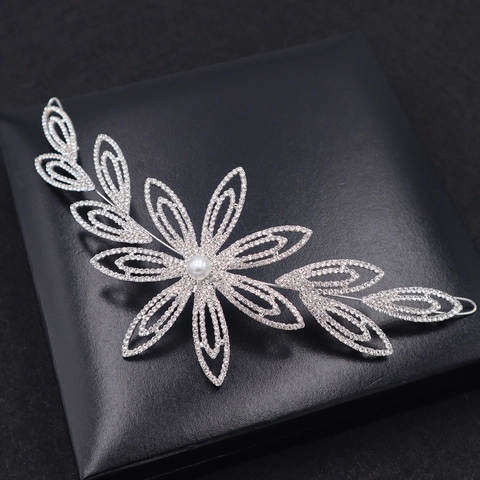 Elegante Cerchietto Sposa Argento Con Fiori e Foglie Strass Perla Artificiale Accessori Capelli Matrimonio Gioielli