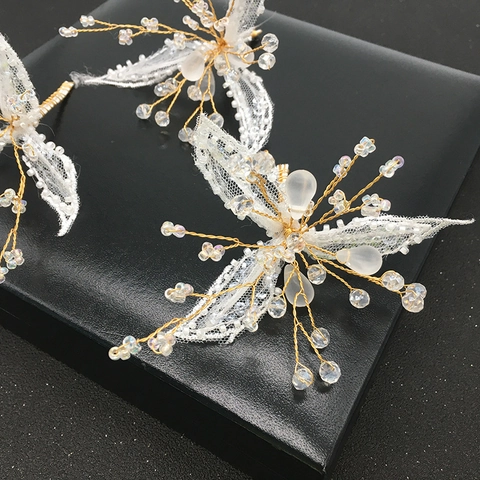Set di 3 Pezzi di Bastoncini per Capelli in Pizzo Bianco Floreale Fatti a Mano per Donna Accessori per Capelli da Sposa Oro Filo di Perline Gioielli