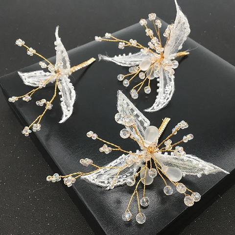 Set di 3 Pezzi di Bastoncini per Capelli in Pizzo Bianco Floreale Fatti a Mano per Donna Accessori per Capelli da Sposa Oro Filo di Perline Gioielli