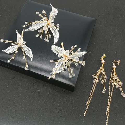 Set di Forcine e Ganci per Orecchie in Tessuto Bianco Fatto a Mano Pizzo Oro Lega Perla Artificiale Gioielli Capelli Sposa Matrimonio