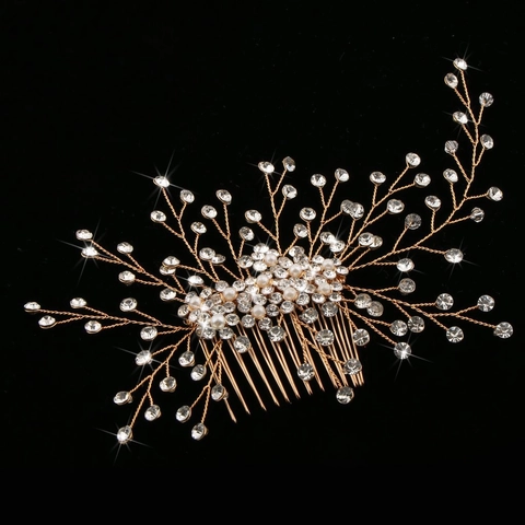 Pettine per Capelli da Sposa Dorato Fatto a Mano Con Strass Lucenti e Perle Artificiali Elegante Ramo Floreale Accessorio per Matrimonio Donna