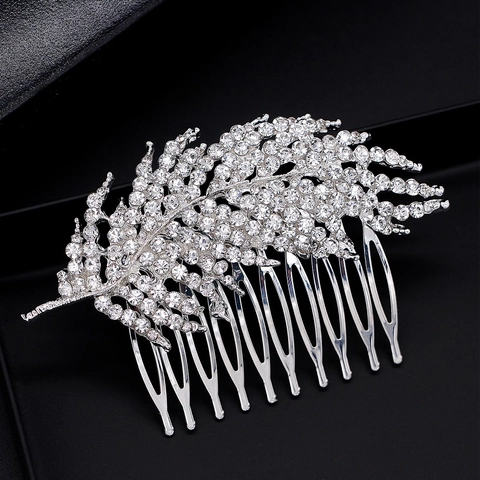 Western Classic Alloy Leaf Bridal Hair Comb Elegant Shiny Silver Rhinestone Headpiece For Wedding Dress Women Party Jewelry