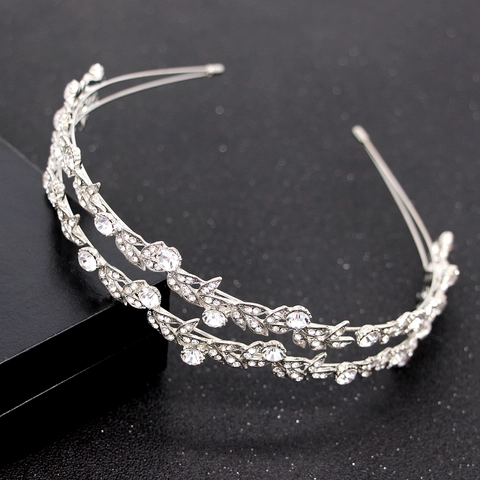 Luxury Alloy Rhinestone Double Row Leaf Bridal Headband Elegant Vine Wedding Hair Hoop Tiara For Women Jewelry Accessories