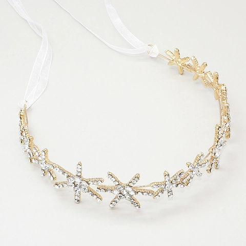 Cerchietto da Sposa Lucente con Strass Fiocco di Neve Stella e Nastro di Raso Oro Argento Lega Accessori Capelli Matrimonio