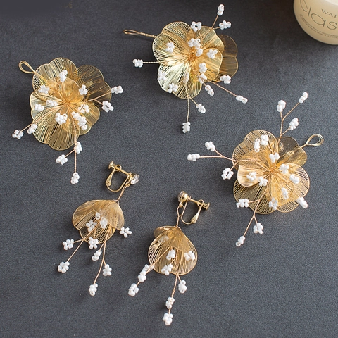 Forcina E Orecchini da Sposa in Lega d'Oro con Fiori Intrecciati Künstliche Perle d'Imitazione Bianche Accessori per Capelli da Matrimonio Donna