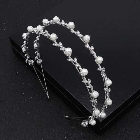 Cerchietto da Sposa Doppia Fila Künstliche Perle Strass Foglia Lega Argento Accessorio Capelli per Matrimonio Banchetto Festa Donna Gioielli