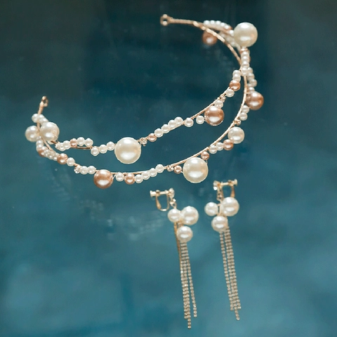 Elegante Set Cerchietto Sposa Künstliche Perle Fatto a Mano Orecchini Pendenti Nappina Strass Oro Doppio Strato Accessori Capelli Matrimonio