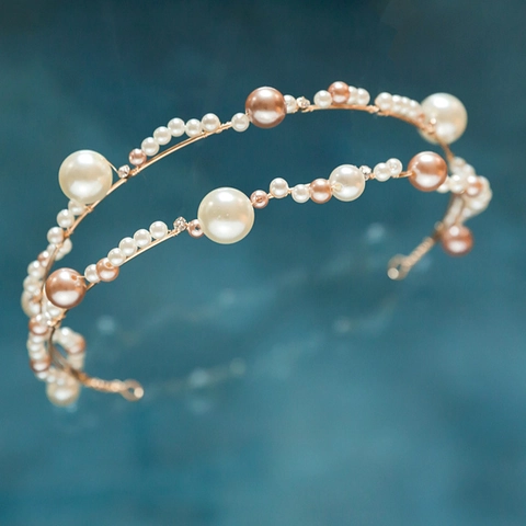 Elegante Set Cerchietto Sposa Künstliche Perle Fatto a Mano Orecchini Pendenti Nappina Strass Oro Doppio Strato Accessori Capelli Matrimonio