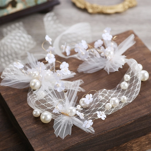 Fascia per Capelli Sposa in Pizzo Bianco con Fiori e Künstliche Perle Fatta a Mano Retrò Maglia Floreale Accessori per Capelli Donna Matrimonio