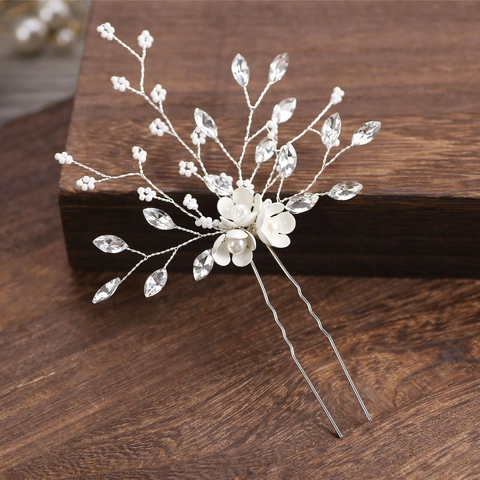 Forcina per Capelli da Sposa Fatta a Mano Fiore Bianco Perla Artificial d'Imitazione Strass Matrimonio Forcina Argento Lega Filo Ramo Eleganti Accessori Capelli Donna