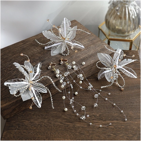 Elegantes Weißes Netz Blume Braut Haarschmuck Set Mit Kristall Künstliche Perle Bestickt Haarnadeln Und Quaste Ohrclips Hochzeit Kopfschmuck