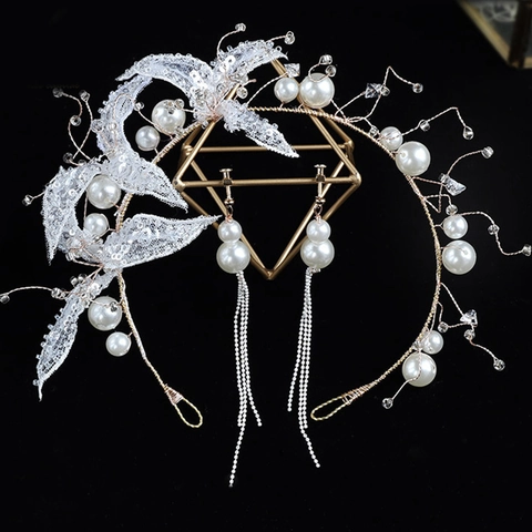 Handgemaakte Witte Bruids Hoofdband En Oorbellen Set Kant Bloem Kunstparel Strass Bruiloft Haaraccessoires Voor Dames
